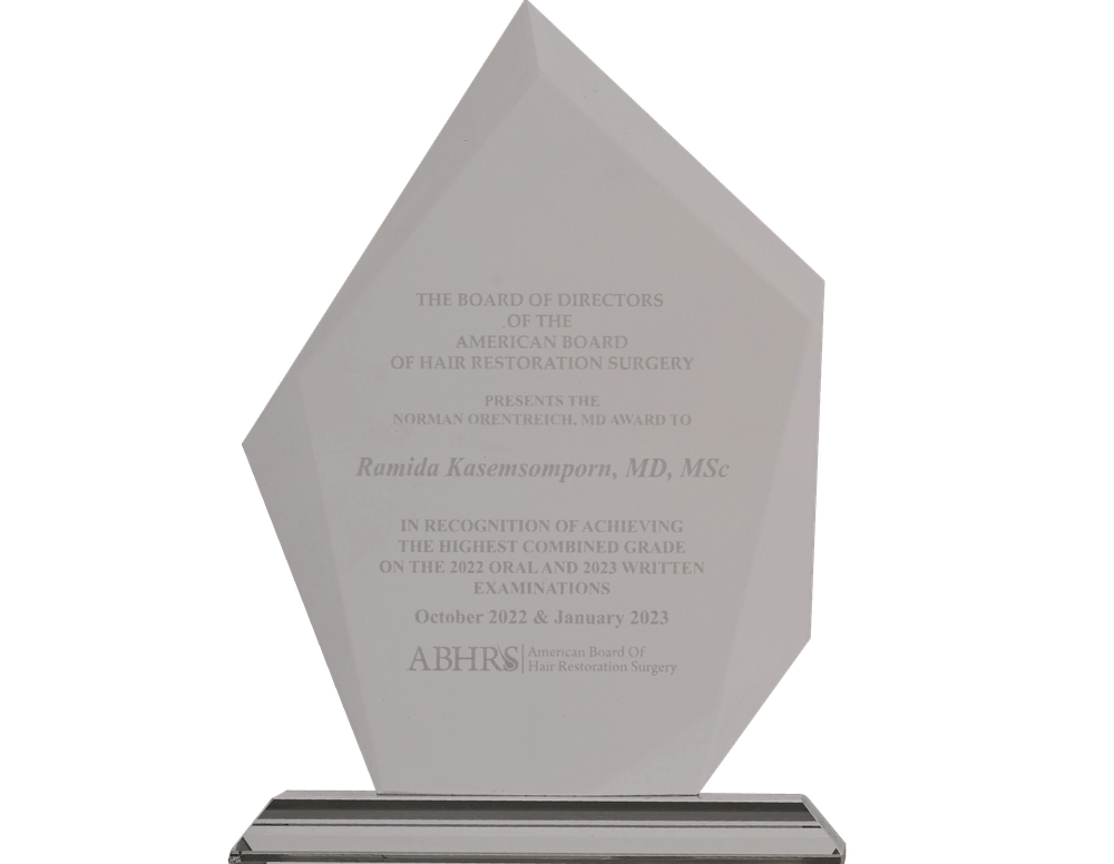 โล่ Norman Orentreich, M.D. Award for achieving the highest score of combined oral and written ABHRS examinatio